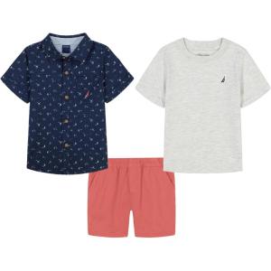 Nautica 3pc Shirt Short Set(Dark Navy/Gray Heather/Red)