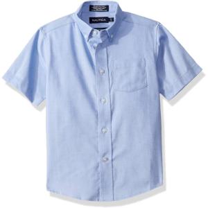 Nautica Boys School Uniform Short Sleeve Button-Down Oxford Shirt, Chest Pocket, Breathable Fabric(Blue)