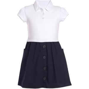 Nautica Girls School Uniform Short Sleeve Polo Dress(White/Navy Poplin)
