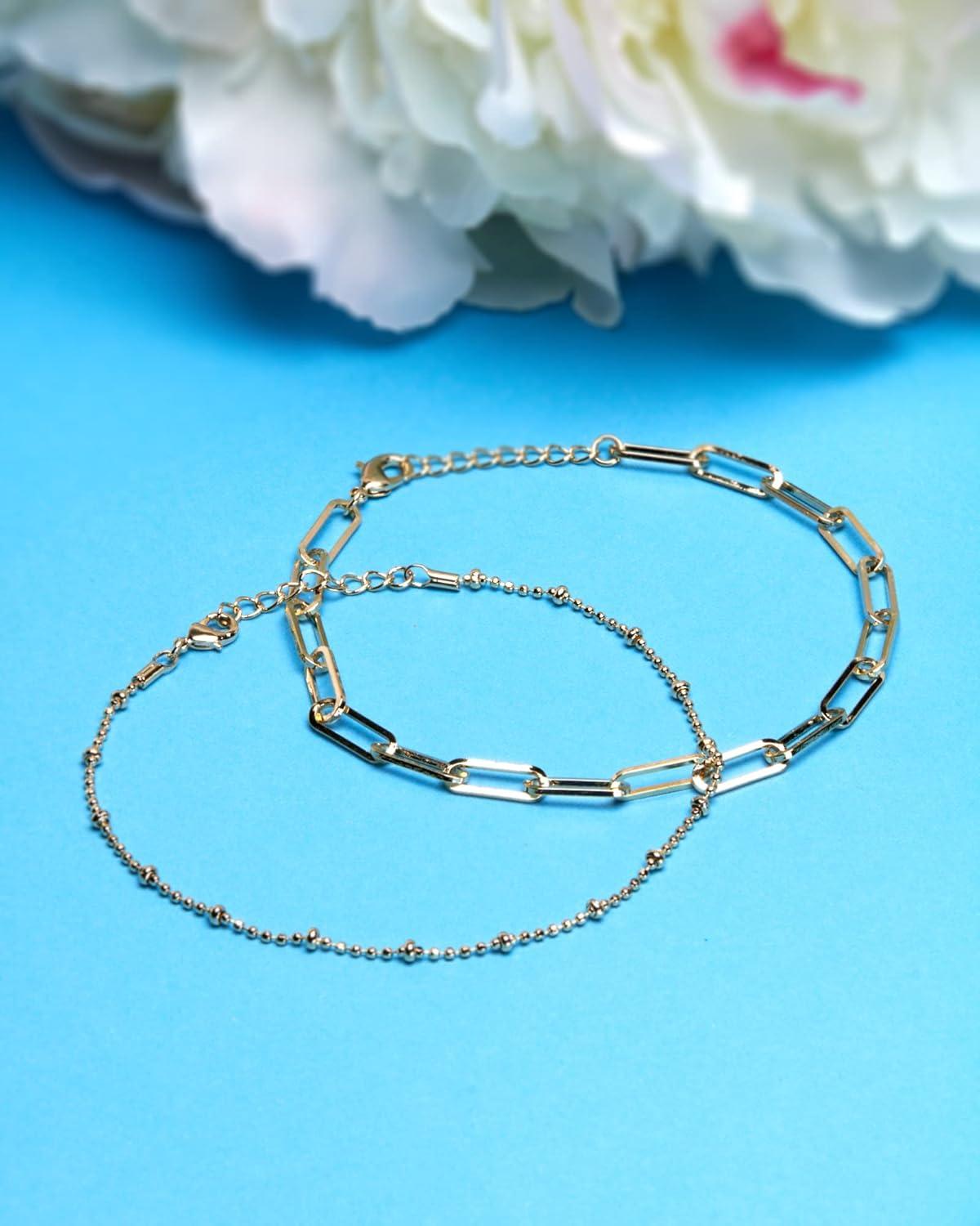 imageNautica 14K Gold Plated Brass Anklet Double Row Layered Chain Anklets for Women 10 Inches Long Bead Paper Clip