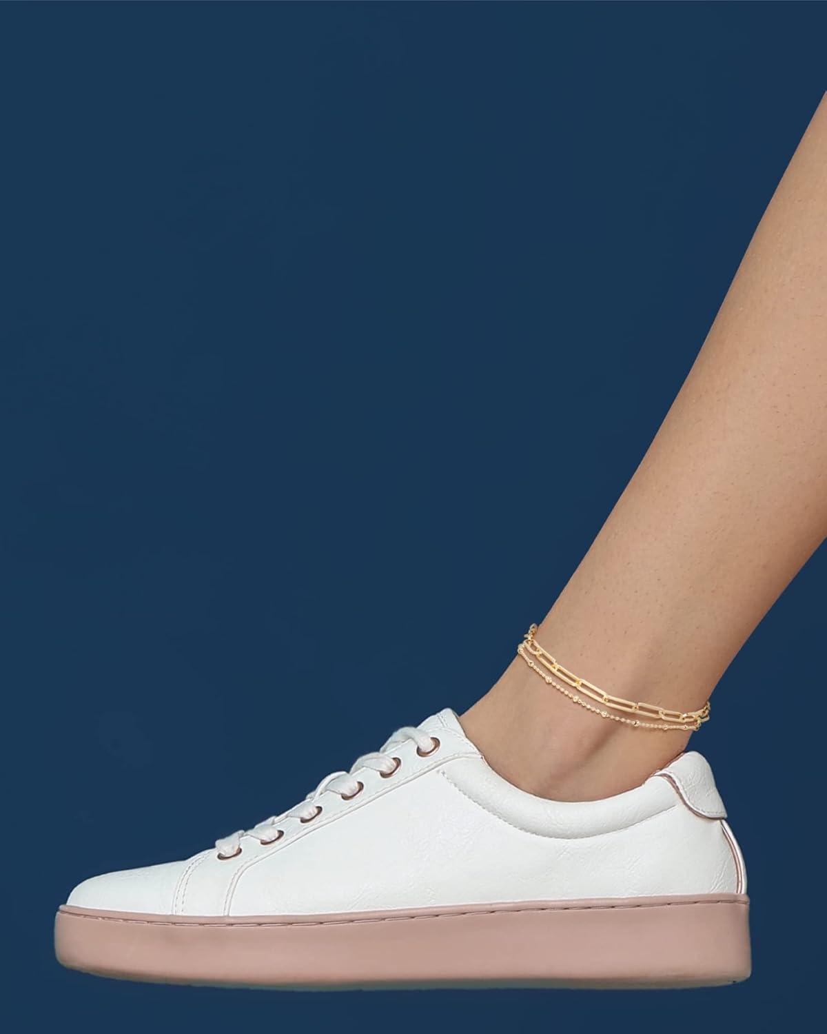 imageNautica 14K Gold Plated Brass Anklet Double Row Layered Chain Anklets for Women 10 Inches Long Bead Paper Clip