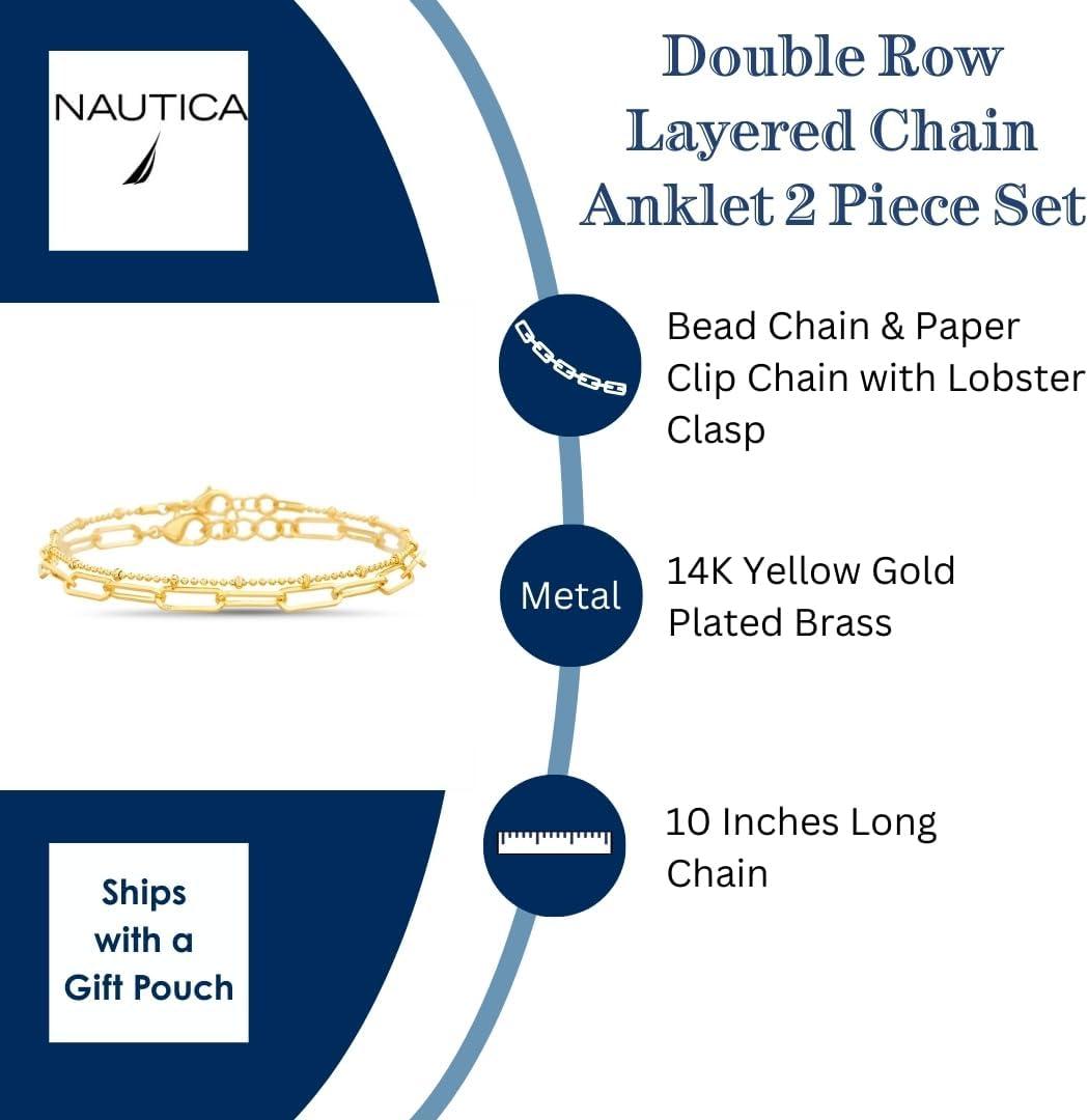 imageNautica 14K Gold Plated Brass Anklet Double Row Layered Chain Anklets for Women 10 Inches Long Bead Paper Clip