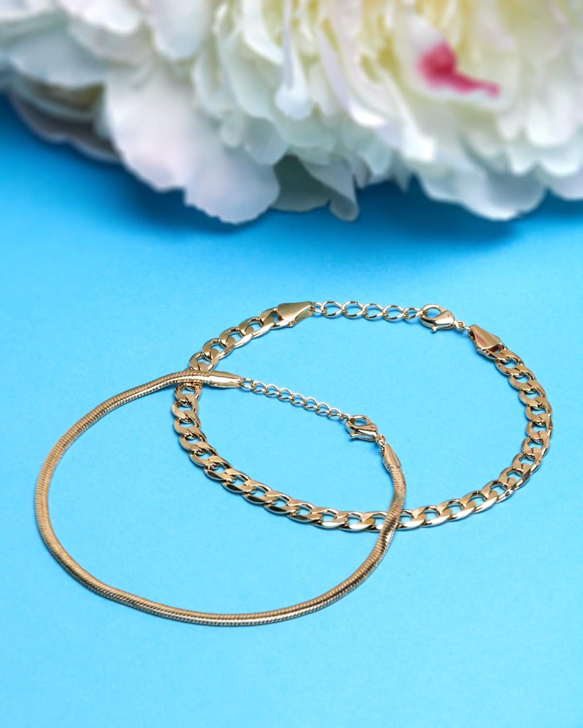 imageNautica 14K Gold Plated Brass Anklet Double Row Layered Chain Anklets for Women 10 Inches Long Curb Snake