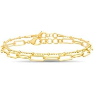 Nautica 14K Gold Plated Brass Anklet Double Row Layered Chain Anklets for Women 10 Inches Long Bead Paper Clip