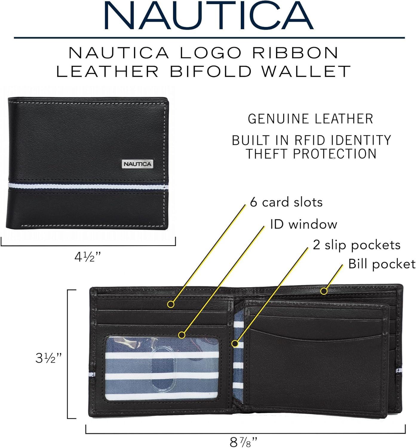 imageNautica Mens Bifold Leather Wallet RFID Blocking ID Window Card Slots Organization Durable StylishLogo Ribbon Black