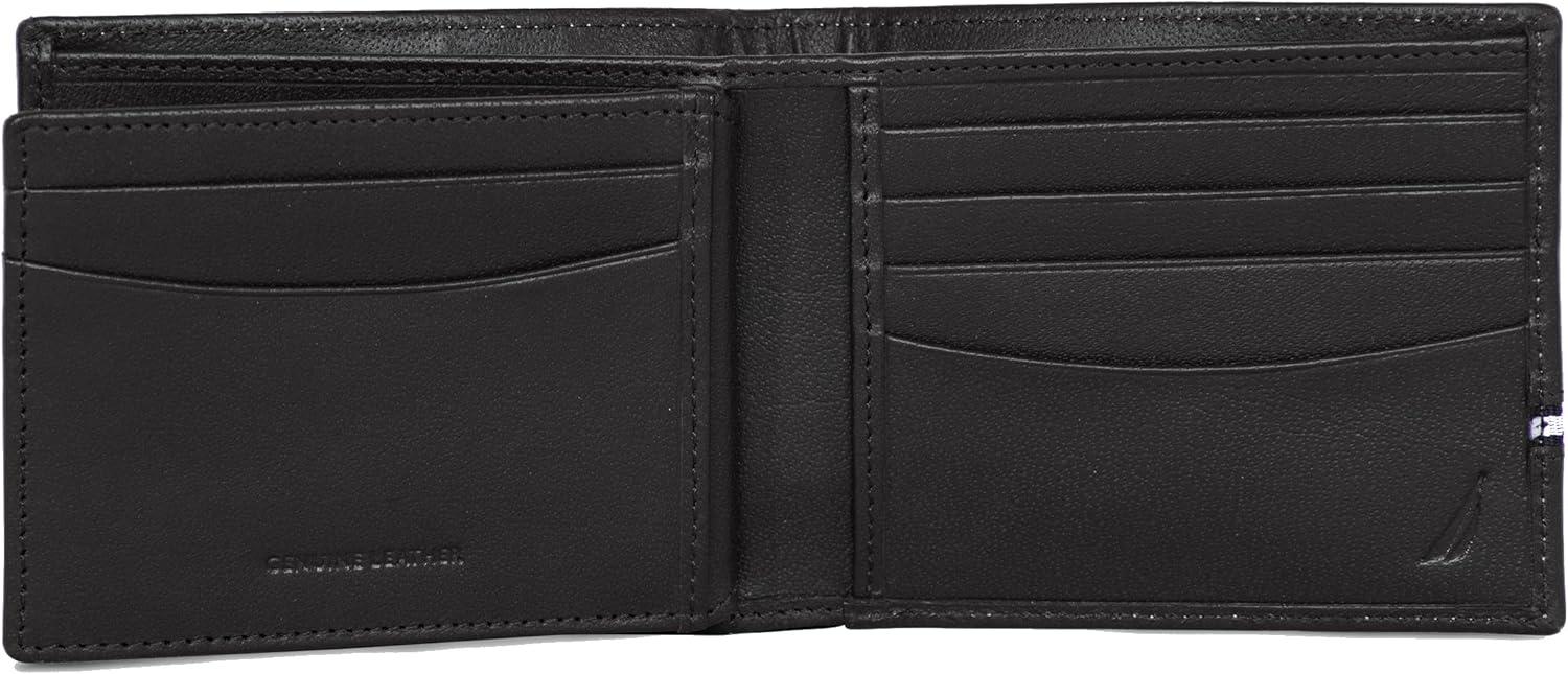 imageNautica Mens Bifold Leather Wallet RFID Blocking ID Window Card Slots Organization Durable StylishLogo Ribbon Black