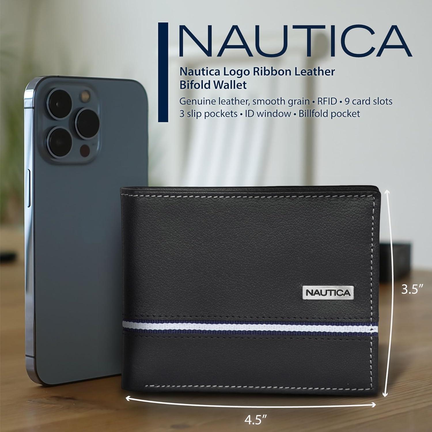 imageNautica Mens Bifold Leather Wallet RFID Blocking ID Window Card Slots Organization Durable StylishLogo Ribbon Brown