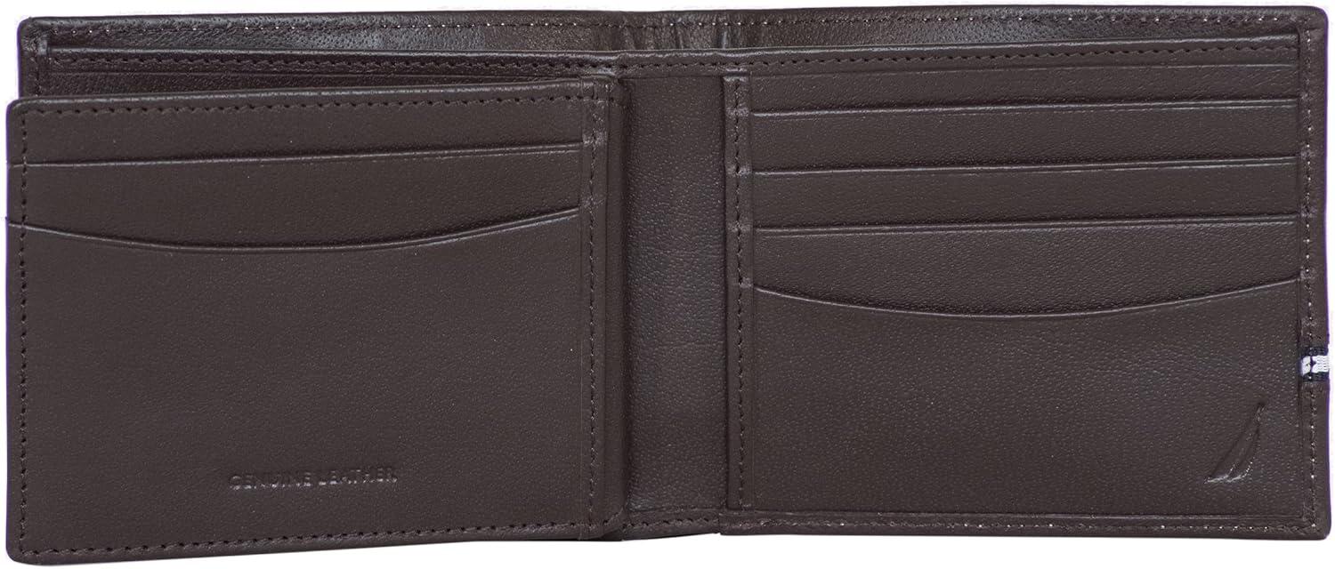 imageNautica Mens Bifold Leather Wallet RFID Blocking ID Window Card Slots Organization Durable StylishLogo Ribbon Brown