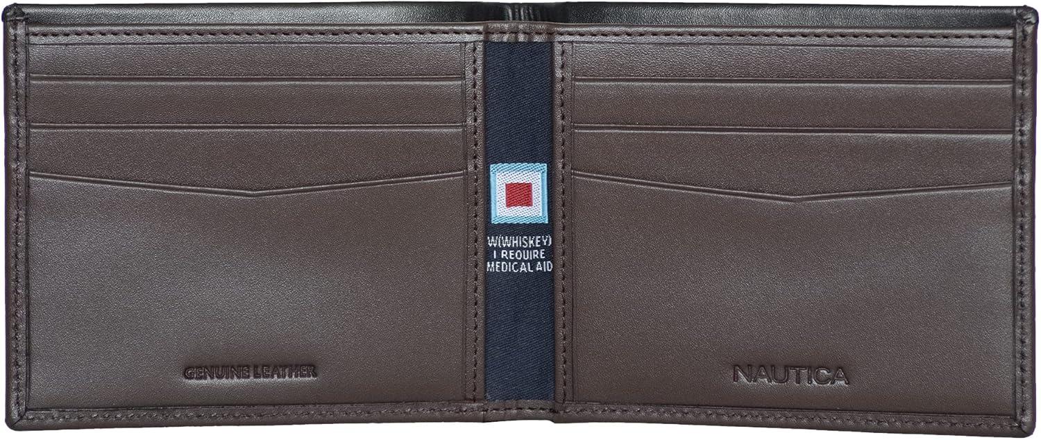 imageNautica Mens Bifold Leather Wallet RFID Blocking ID Window Card Slots Organization Durable StylishPop Color BlackBrown