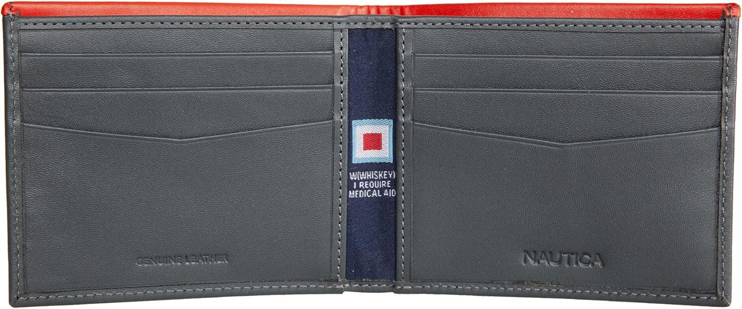imageNautica Mens Bifold Leather Wallet RFID Blocking ID Window Card Slots Organization Durable StylishPop Color NavyRed