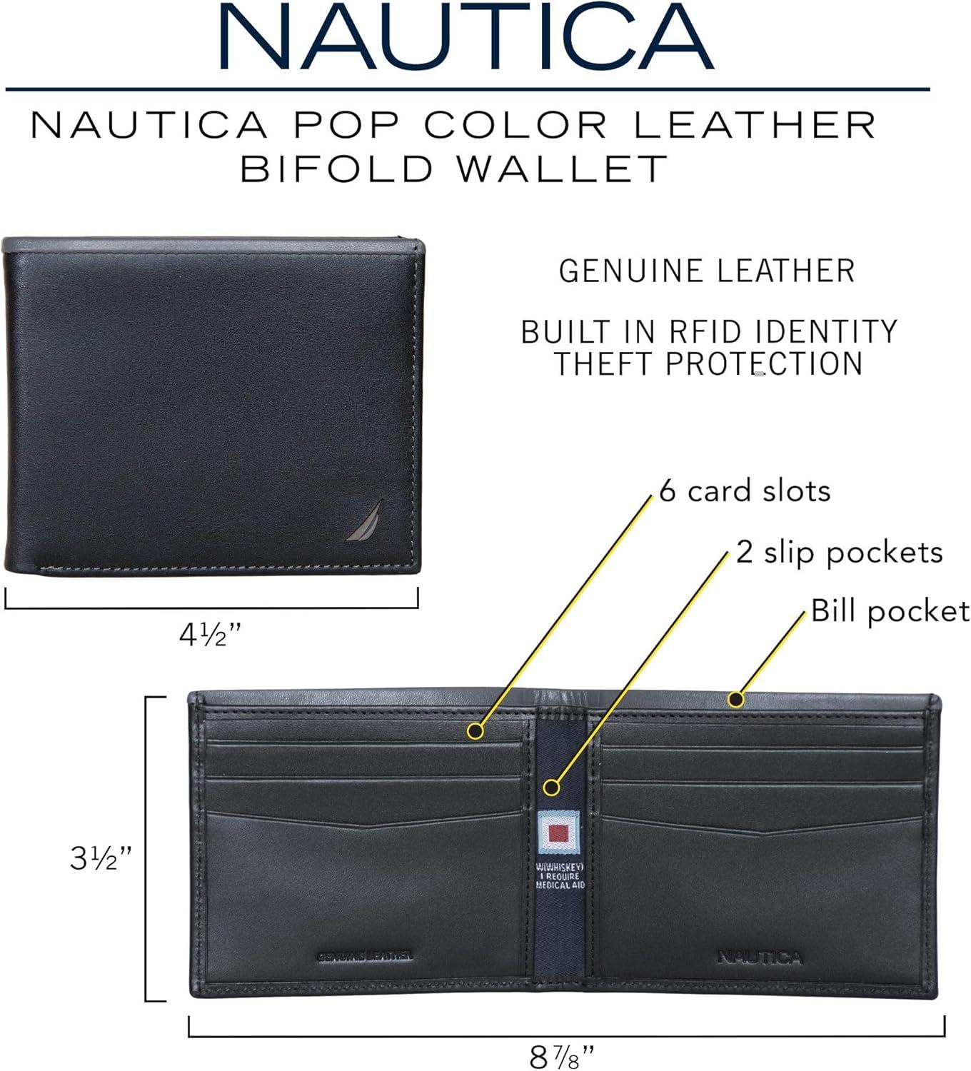 imageNautica Mens Bifold Leather Wallet RFID Blocking ID Window Card Slots Organization Durable StylishPop Color NavyRed