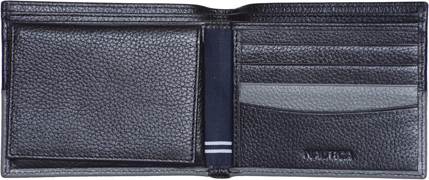 imageNautica Mens Bifold Leather Wallet RFID Blocking ID Window Card Slots Organization Durable StylishTwo Tone BlackGrey