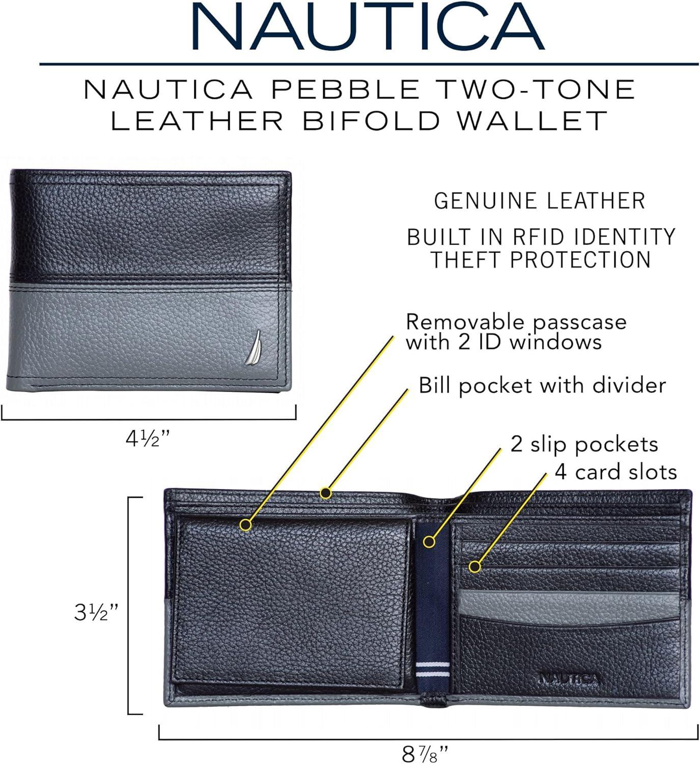 imageNautica Mens Bifold Leather Wallet RFID Blocking ID Window Card Slots Organization Durable StylishTwo Tone BlackGrey