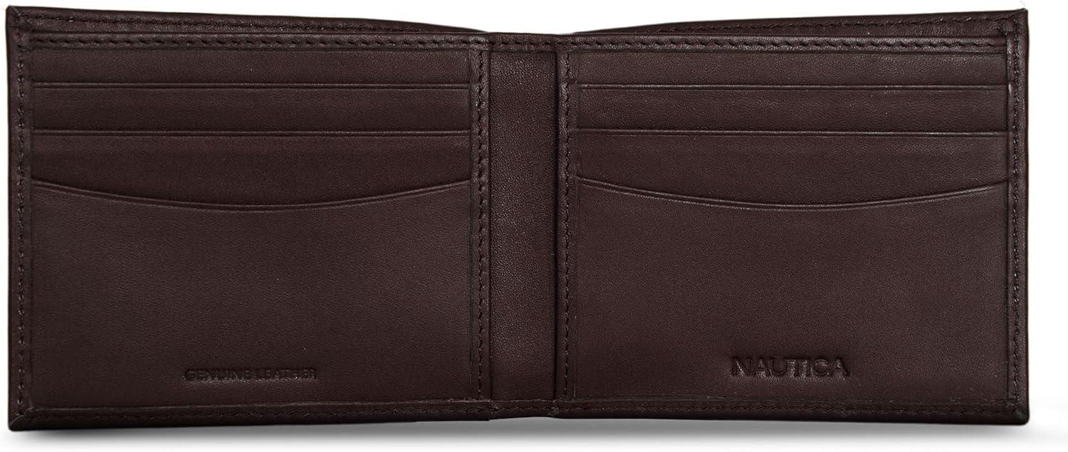 imageNautica Mens Bifold Leather Wallet RFID Blocking ID Window Card Slots Organization Durable Stylishmbroidered Sail Brown