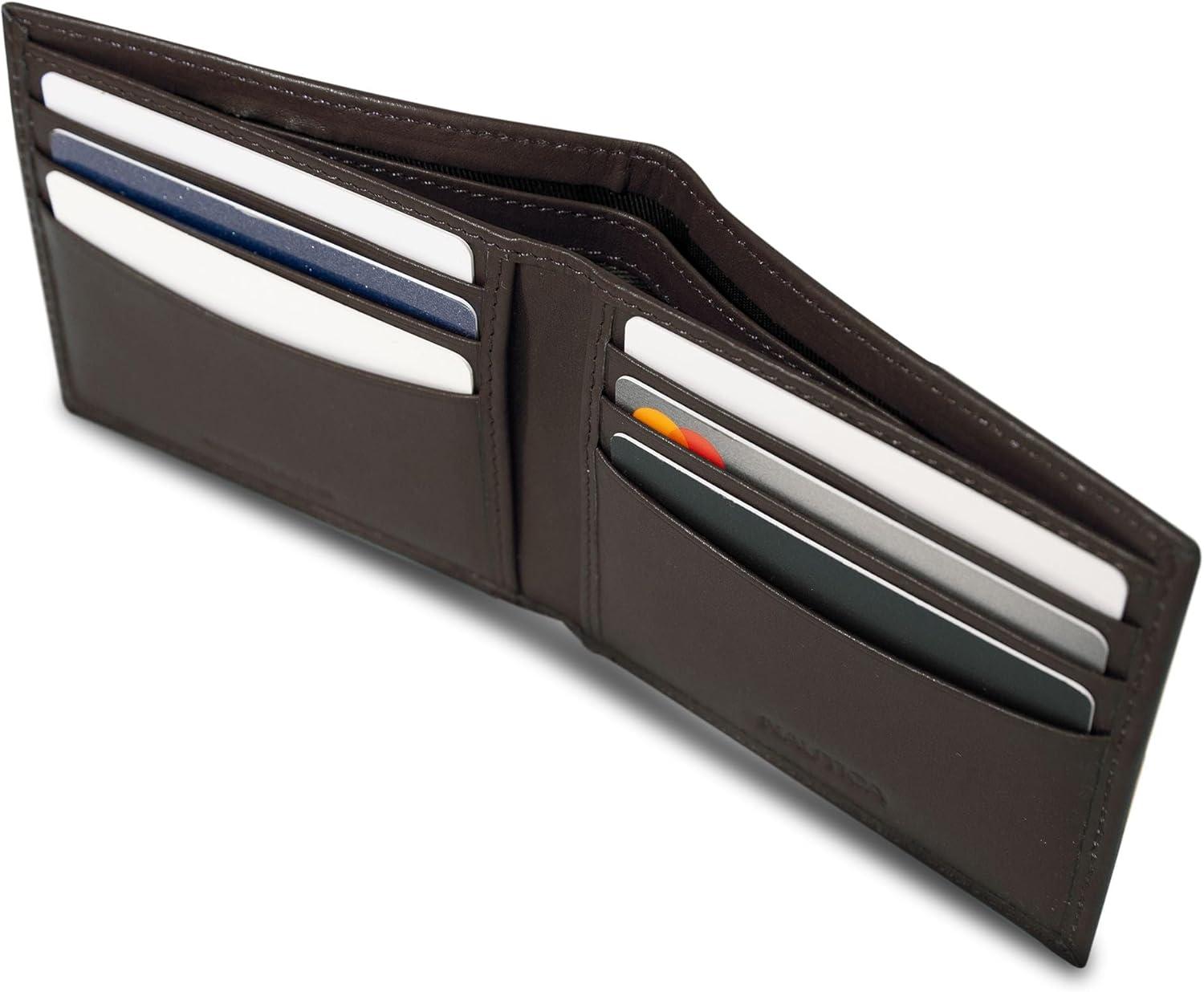 imageNautica Mens Bifold Leather Wallet RFID Blocking ID Window Card Slots Organization Durable Stylishmbroidered Sail Brown