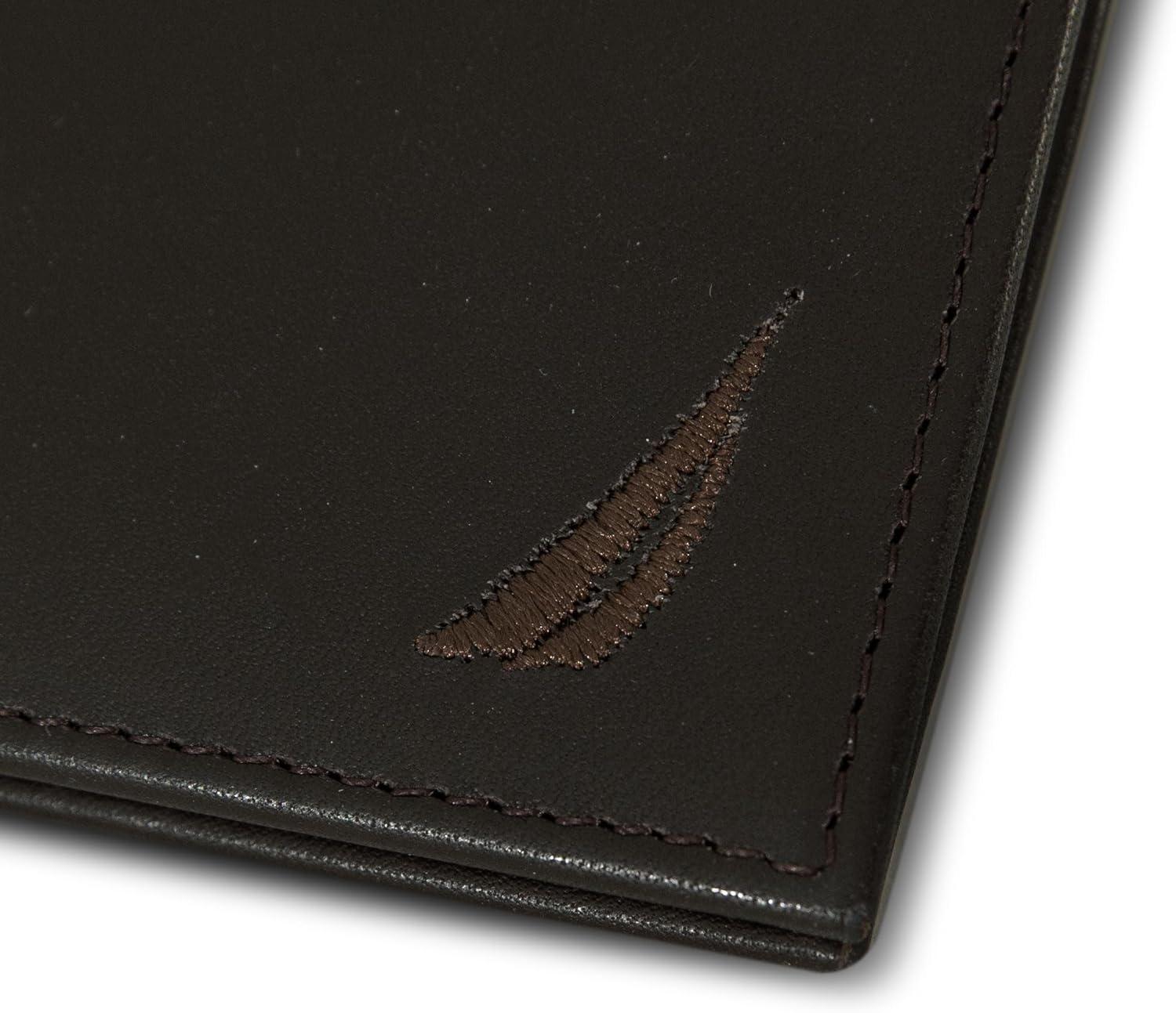 imageNautica Mens Bifold Leather Wallet RFID Blocking ID Window Card Slots Organization Durable Stylishmbroidered Sail Brown