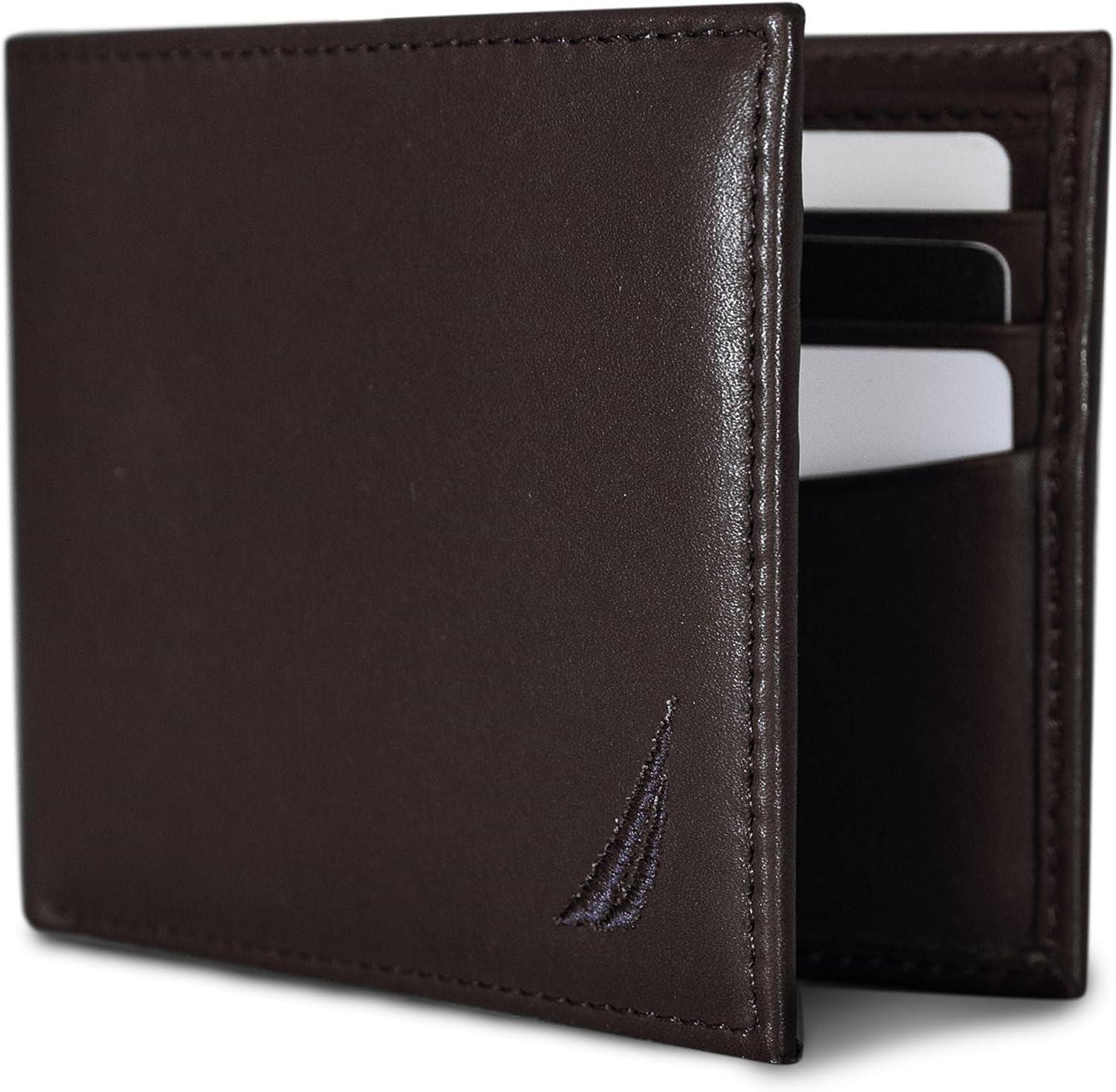 imageNautica Mens Bifold Leather Wallet RFID Blocking ID Window Card Slots Organization Durable Stylishmbroidered Sail Brown