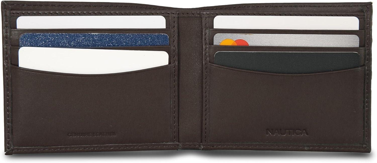 imageNautica Mens Bifold Leather Wallet RFID Blocking ID Window Card Slots Organization Durable Stylishmbroidered Sail Brown