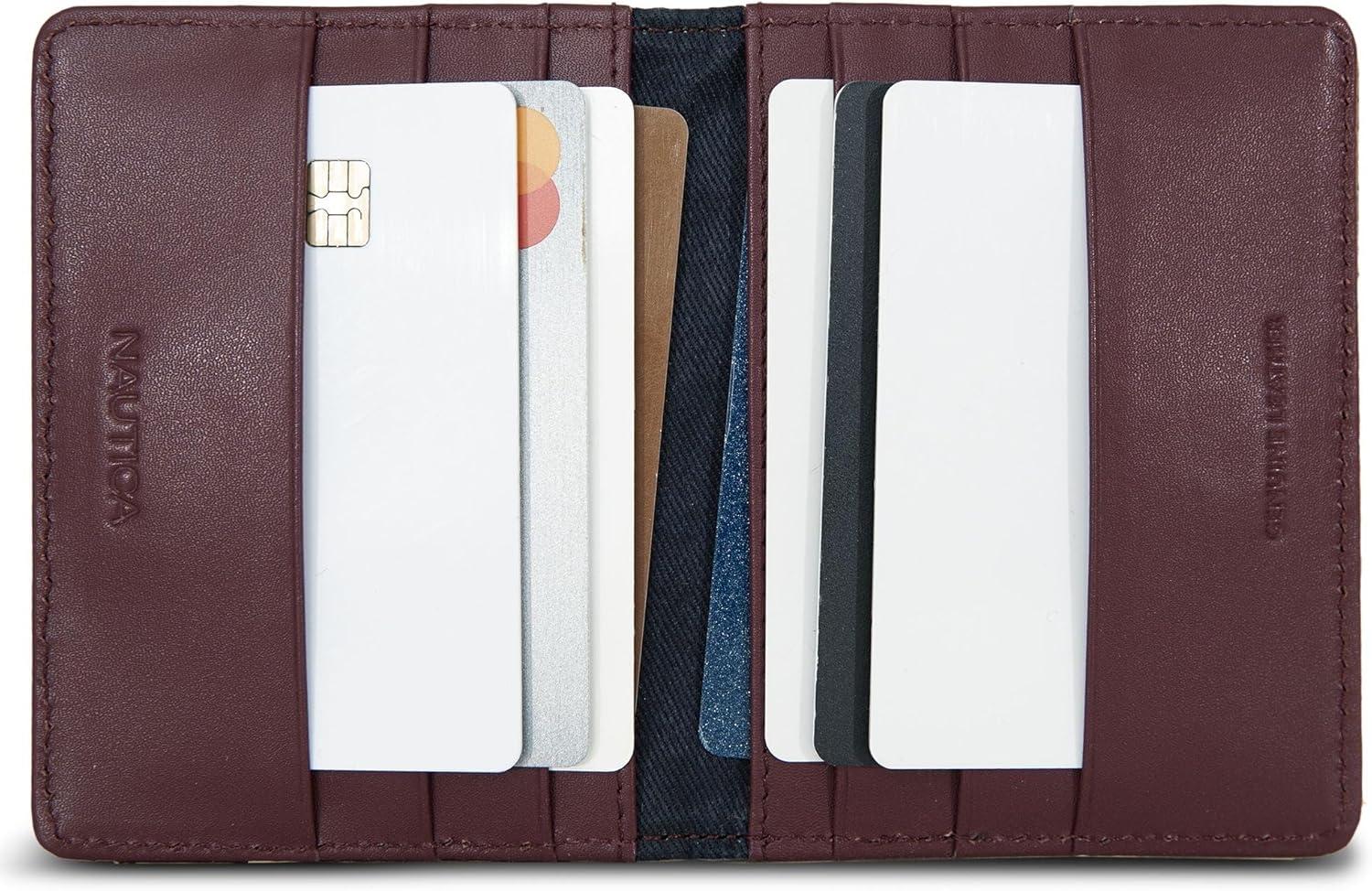imageNautica Mens Slim Wallet Card Case RFID Blocking ID Window Minimalist Lightweight Genuine LeatherPerforated Zinfandel