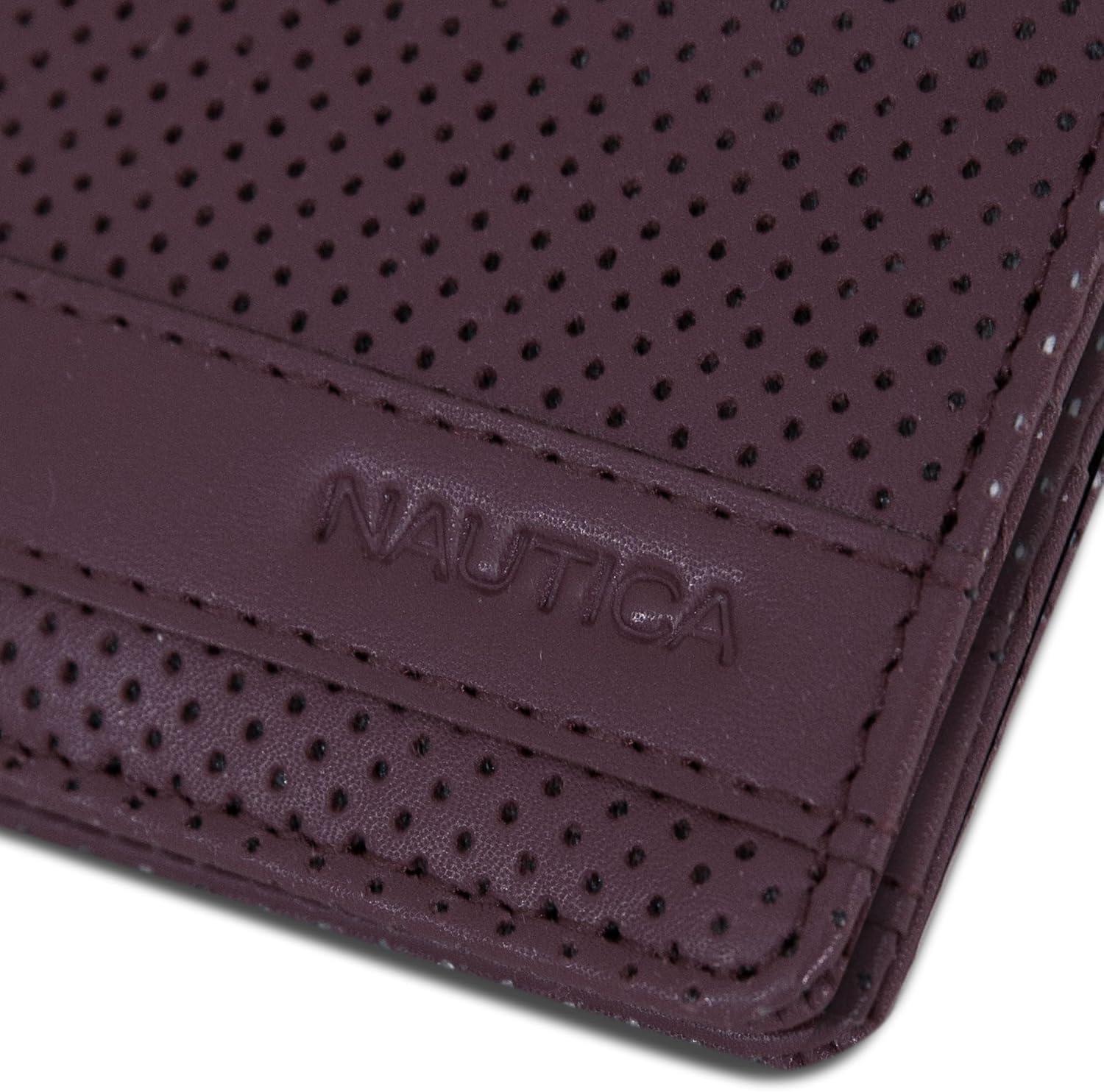 imageNautica Mens Slim Wallet Card Case RFID Blocking ID Window Minimalist Lightweight Genuine LeatherPerforated Zinfandel