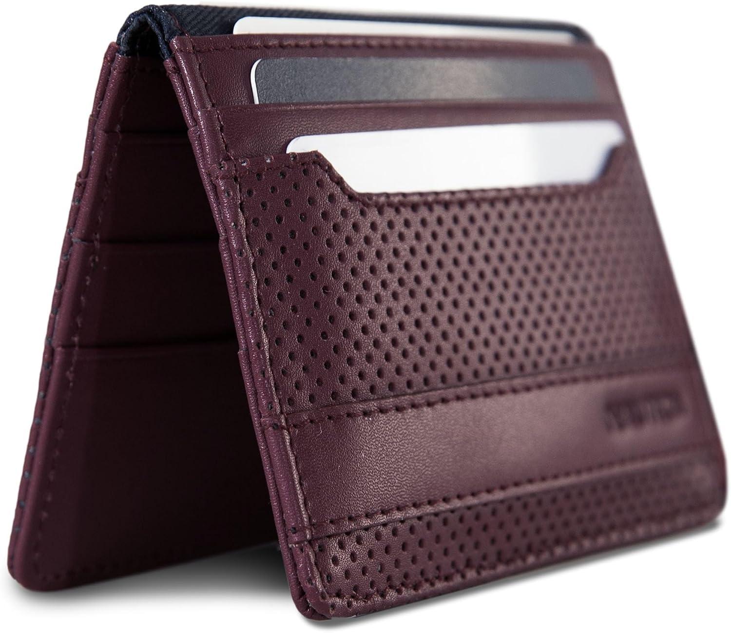 imageNautica Mens Slim Wallet Card Case RFID Blocking ID Window Minimalist Lightweight Genuine LeatherPerforated Zinfandel