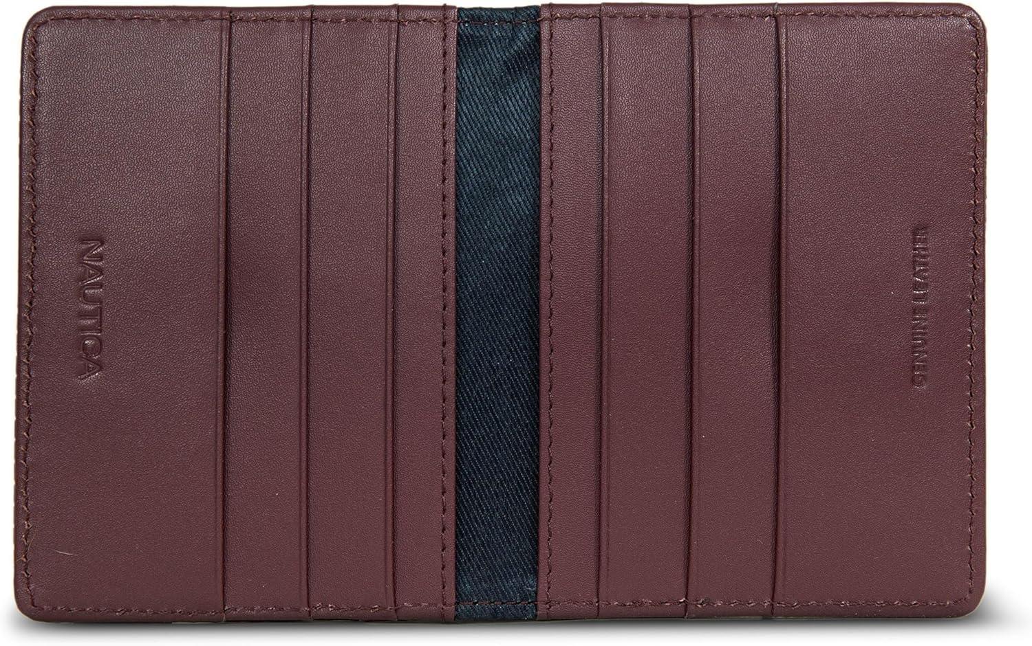 imageNautica Mens Slim Wallet Card Case RFID Blocking ID Window Minimalist Lightweight Genuine LeatherPerforated Zinfandel
