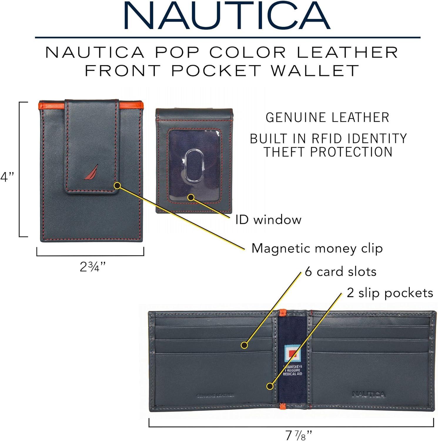 imageNautica Mens Slim Wallet Card Case RFID Blocking ID Window Minimalist Lightweight Genuine LeatherPop Color BlackGrey
