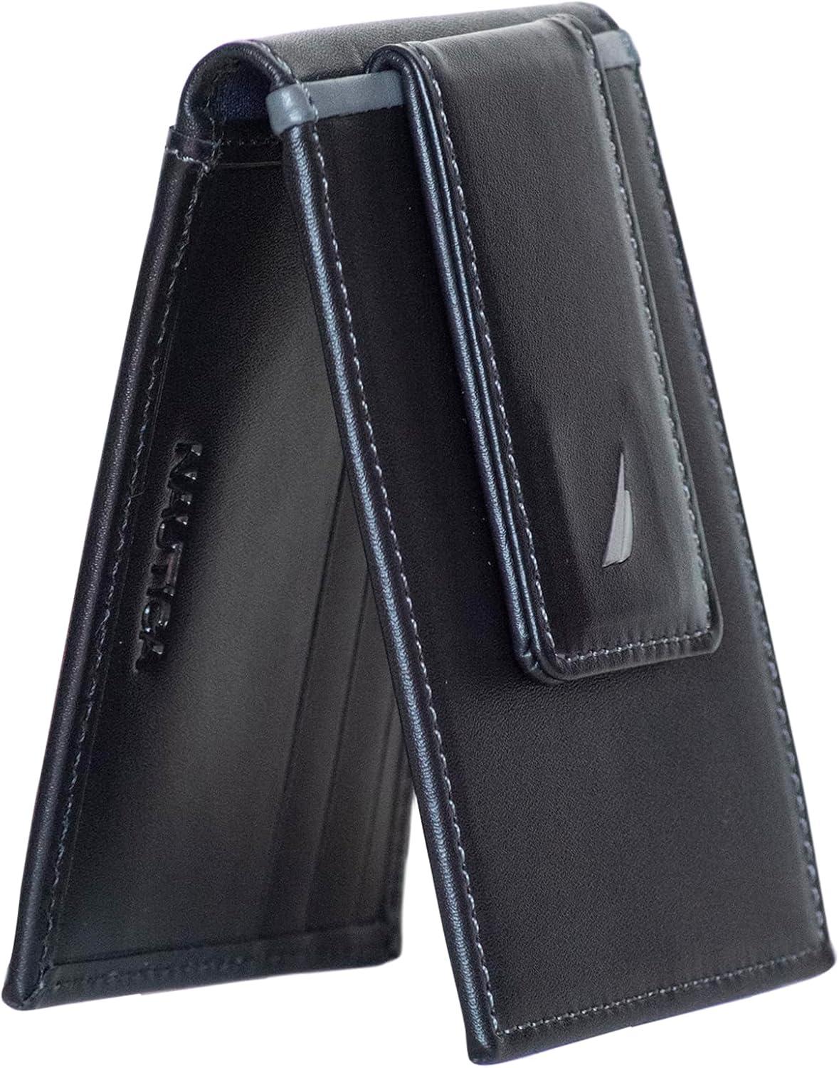 imageNautica Mens Slim Wallet Card Case RFID Blocking ID Window Minimalist Lightweight Genuine LeatherPop Color BlackGrey