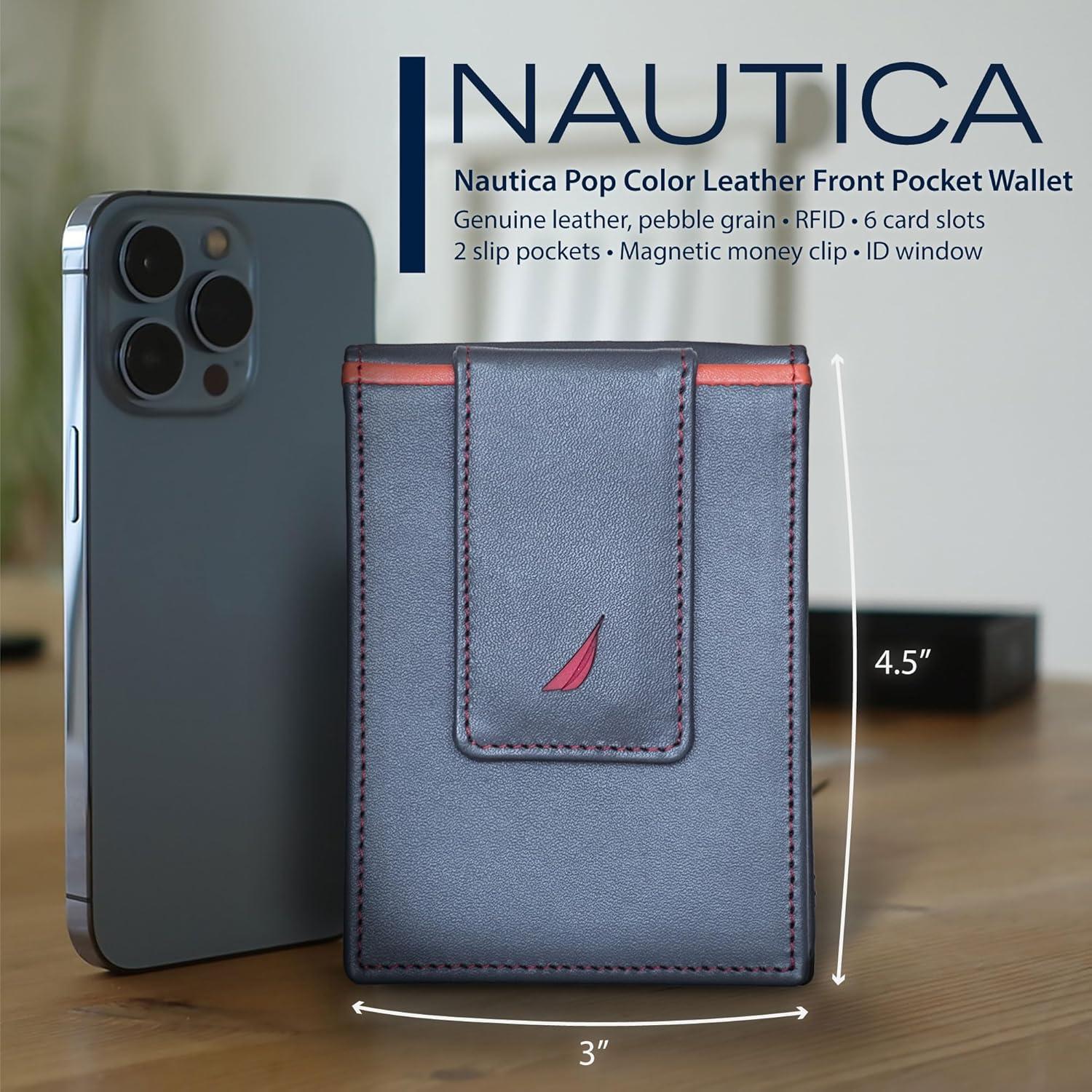 imageNautica Mens Slim Wallet Card Case RFID Blocking ID Window Minimalist Lightweight Genuine LeatherPop Color BlackGrey