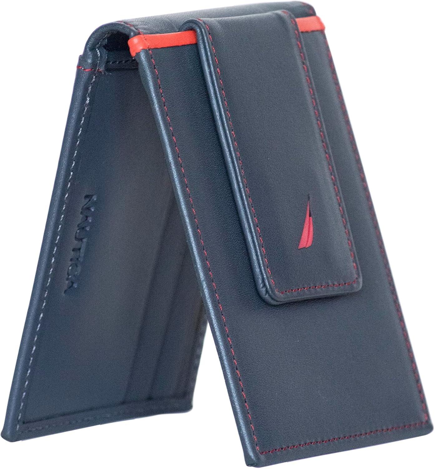 imageNautica Mens Slim Wallet Card Case RFID Blocking ID Window Minimalist Lightweight Genuine LeatherPop Color NavyRed