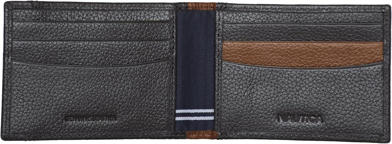 imageNautica Mens Slim Wallet Card Case RFID Blocking ID Window Minimalist Lightweight Genuine LeatherTwo Tone BlackCognac