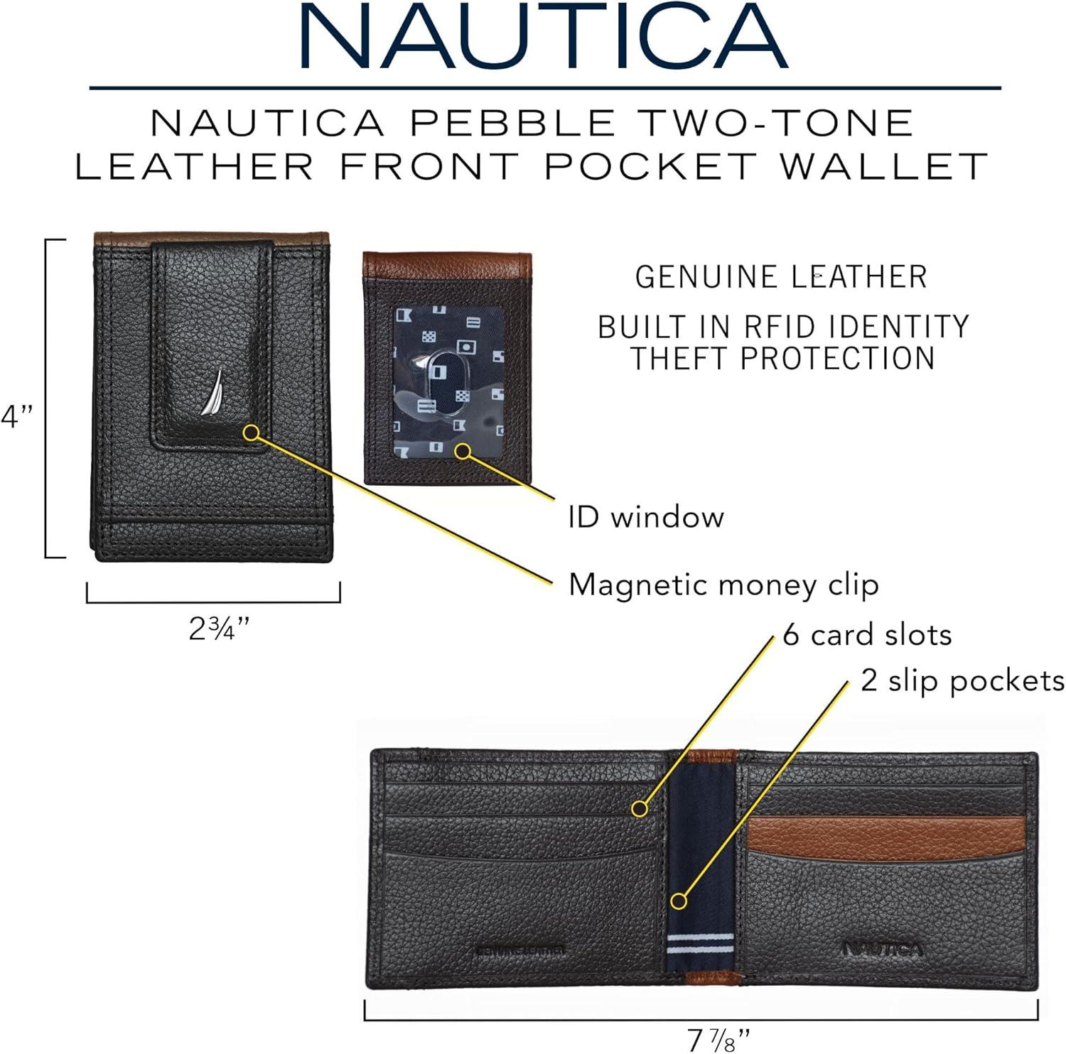 imageNautica Mens Slim Wallet Card Case RFID Blocking ID Window Minimalist Lightweight Genuine LeatherTwo Tone BlackGrey