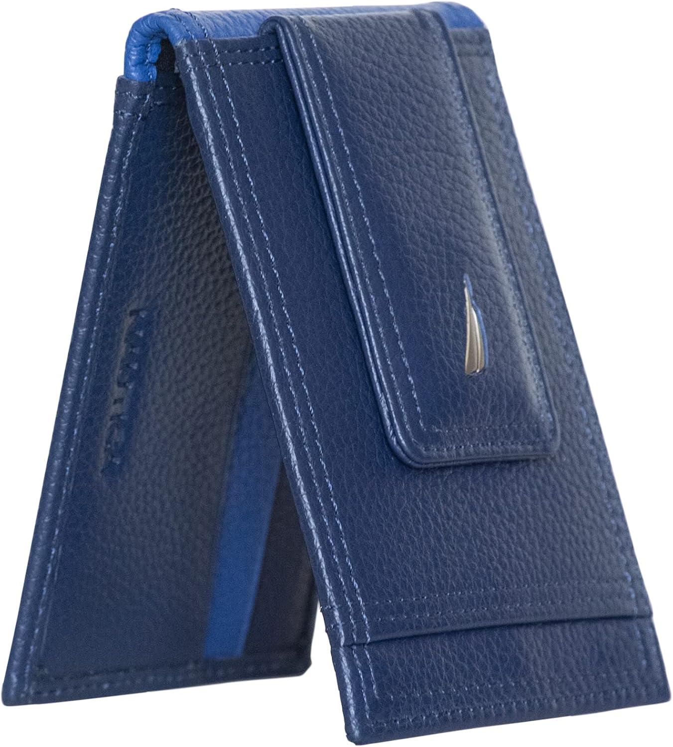 imageNautica Mens Slim Wallet Card Case RFID Blocking ID Window Minimalist Lightweight Genuine LeatherTwo Tone Cobalt Blue