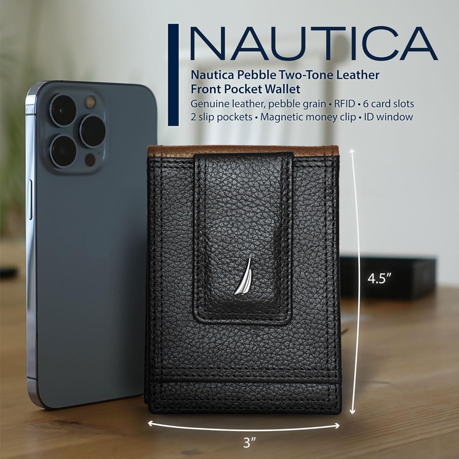 imageNautica Mens Slim Wallet Card Case RFID Blocking ID Window Minimalist Lightweight Genuine LeatherTwo Tone Cobalt Blue