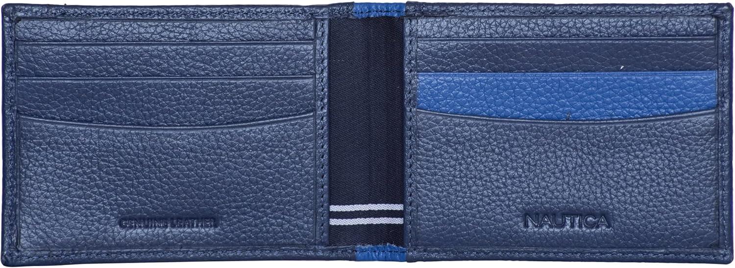 imageNautica Mens Slim Wallet Card Case RFID Blocking ID Window Minimalist Lightweight Genuine LeatherTwo Tone Cobalt Blue