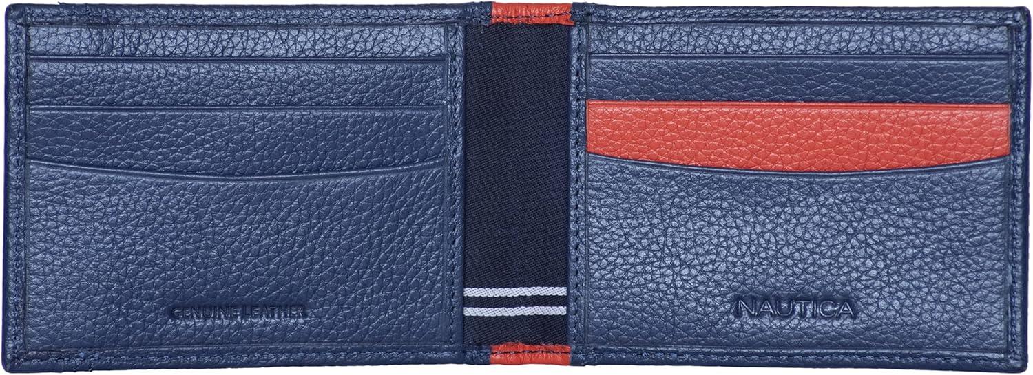 imageNautica Mens Slim Wallet Card Case RFID Blocking ID Window Minimalist Lightweight Genuine LeatherTwo Tone NavyRed
