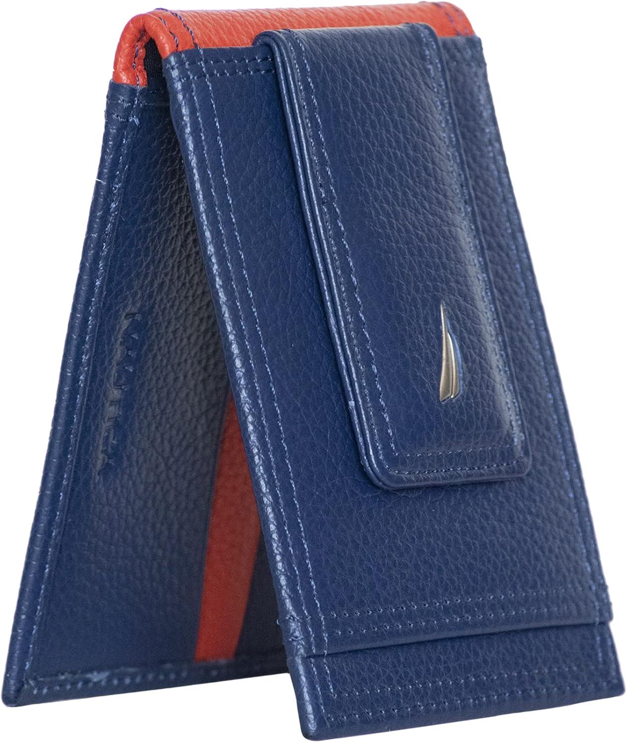 imageNautica Mens Slim Wallet Card Case RFID Blocking ID Window Minimalist Lightweight Genuine LeatherTwo Tone NavyRed