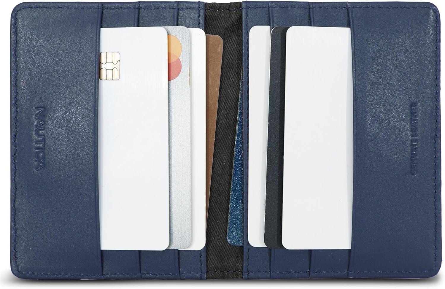 imageNautica Mens Slim Wallet Card Case RFID Blocking ID Window Minimalist Lightweight Genuine Leathermbroidered Sail Navy