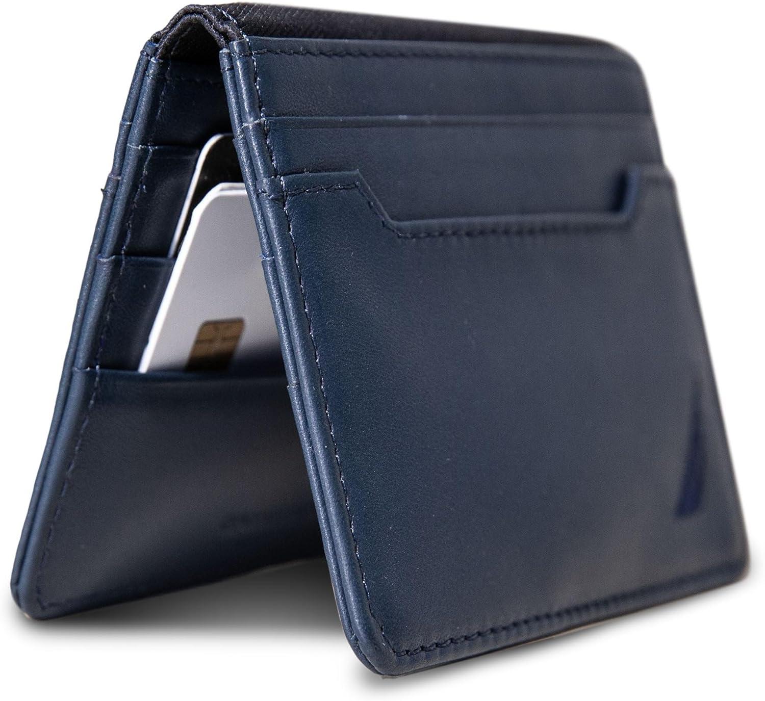 imageNautica Mens Slim Wallet Card Case RFID Blocking ID Window Minimalist Lightweight Genuine Leathermbroidered Sail Navy