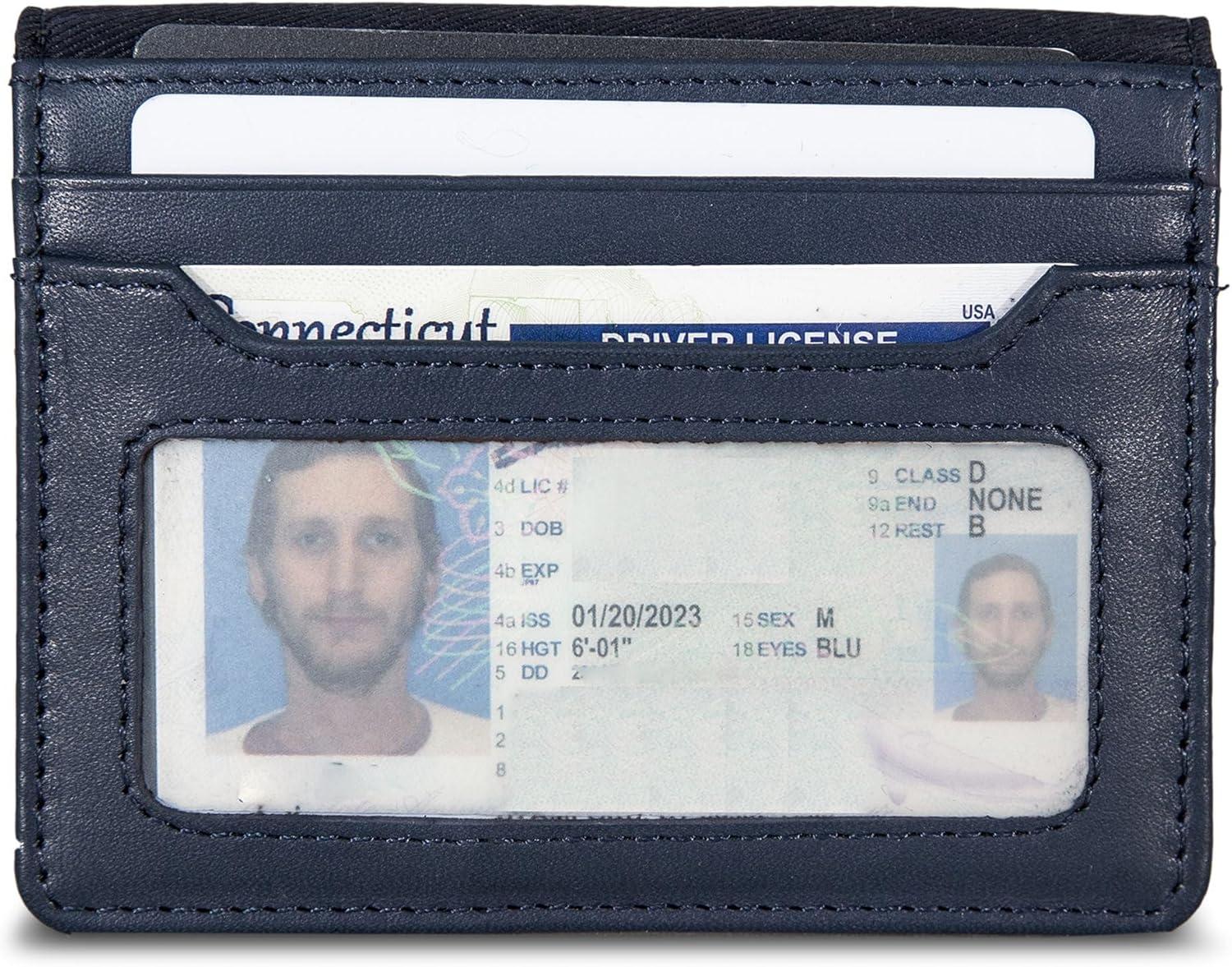 imageNautica Mens Slim Wallet Card Case RFID Blocking ID Window Minimalist Lightweight Genuine Leathermbroidered Sail Navy