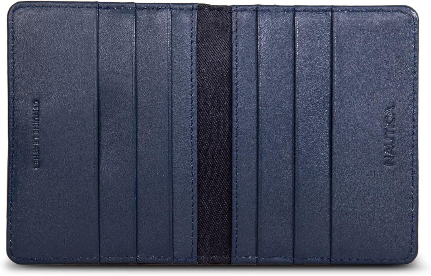 imageNautica Mens Slim Wallet Card Case RFID Blocking ID Window Minimalist Lightweight Genuine Leathermbroidered Sail Navy