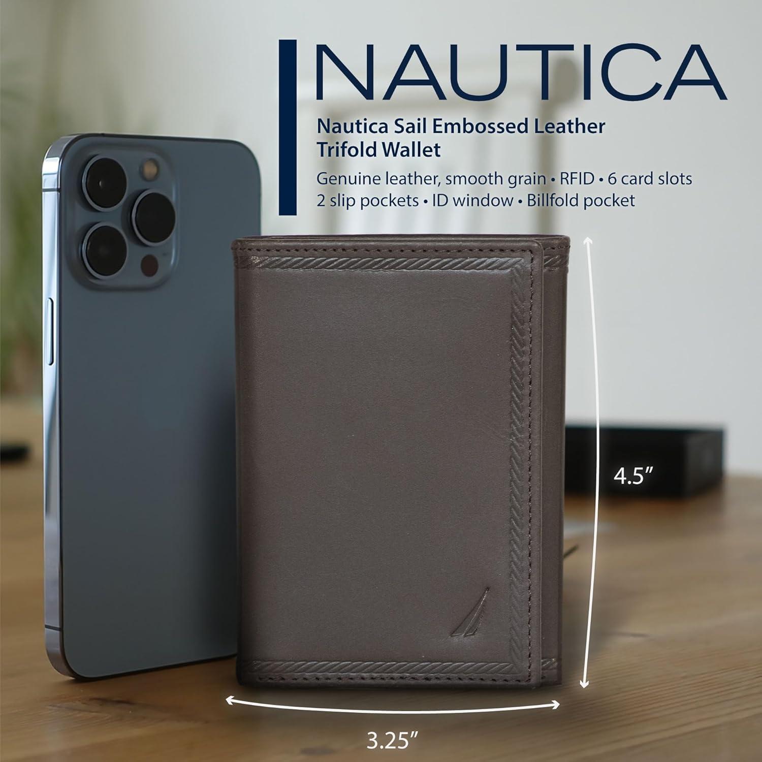 imageNautica Mens Trifold Wallet RFID Blocking Protection ID Window Card Slots Genuine Leather DurableEmbossed Leather Black