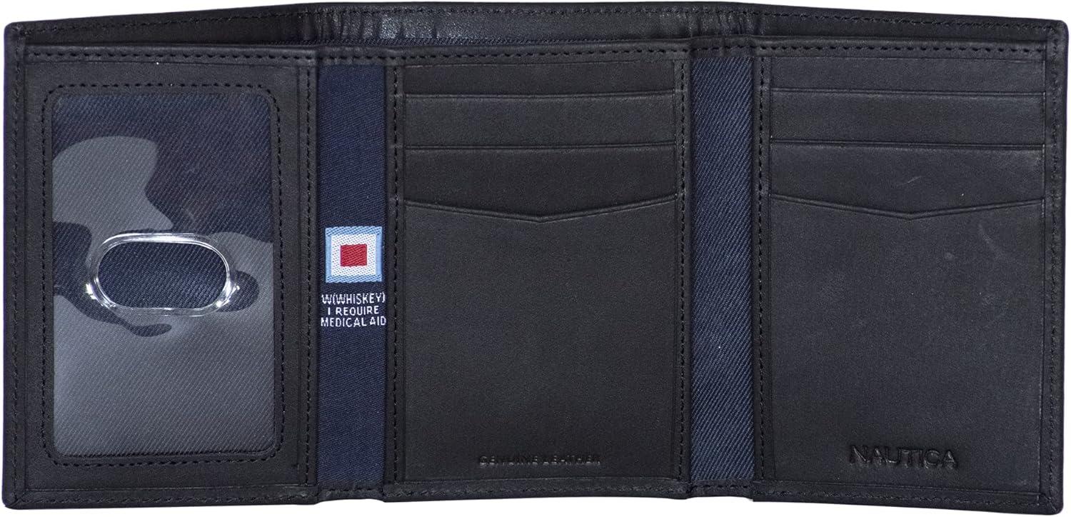 imageNautica Mens Trifold Wallet RFID Blocking Protection ID Window Card Slots Genuine Leather DurableEmbossed Leather Black