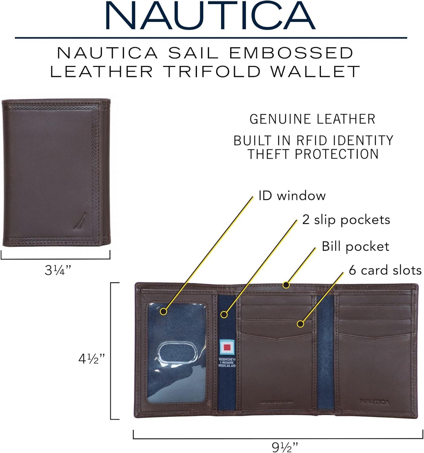 imageNautica Mens Trifold Wallet RFID Blocking Protection ID Window Card Slots Genuine Leather DurableEmbossed Leather Brown