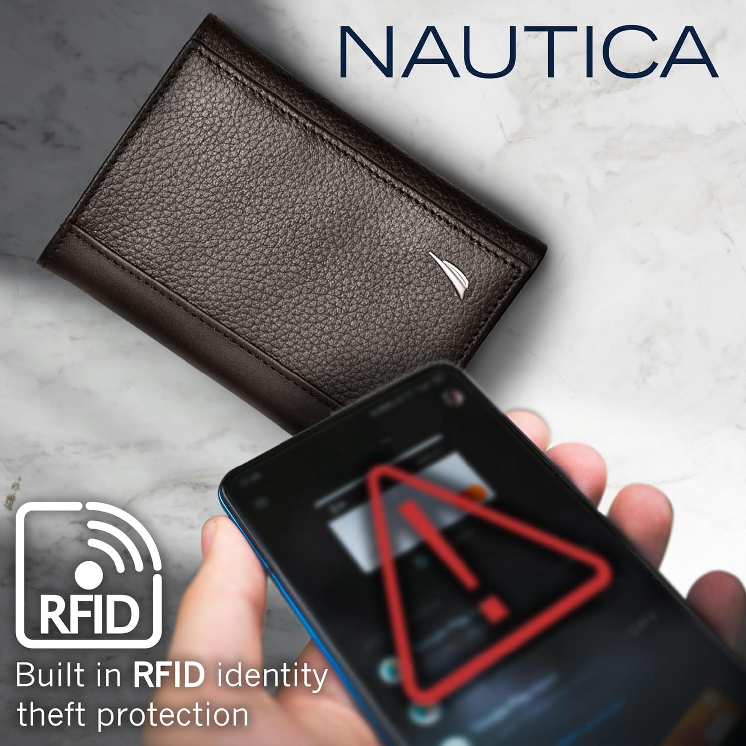 imageNautica Mens Trifold Wallet RFID Blocking Protection ID Window Card Slots Genuine Leather DurableJClass Black