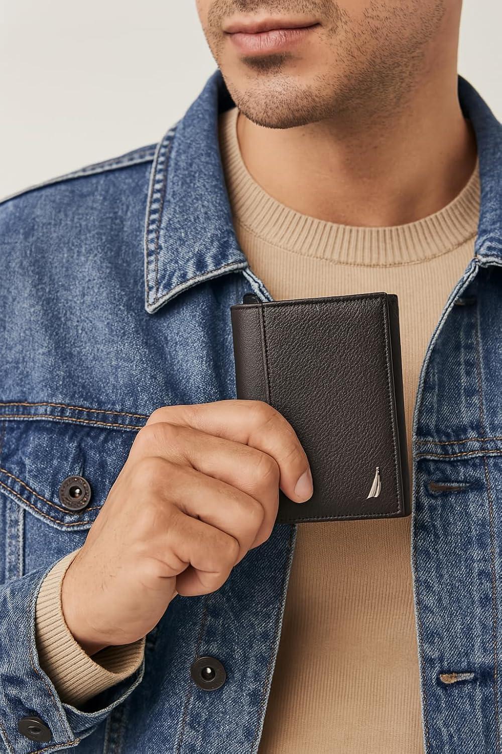 imageNautica Mens Trifold Wallet RFID Blocking Protection ID Window Card Slots Genuine Leather DurableJClass Brown