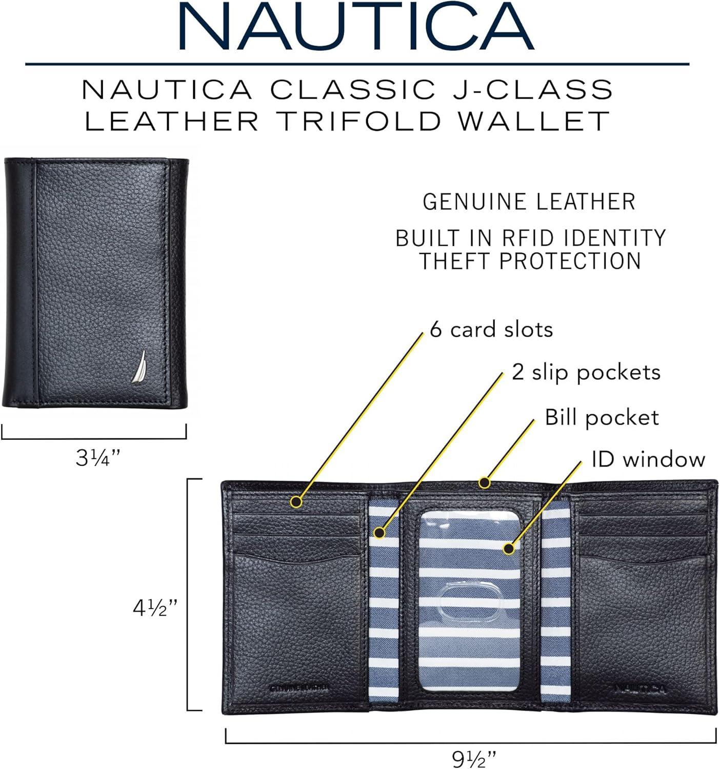imageNautica Mens Trifold Wallet RFID Blocking Protection ID Window Card Slots Genuine Leather DurableJClass Brown