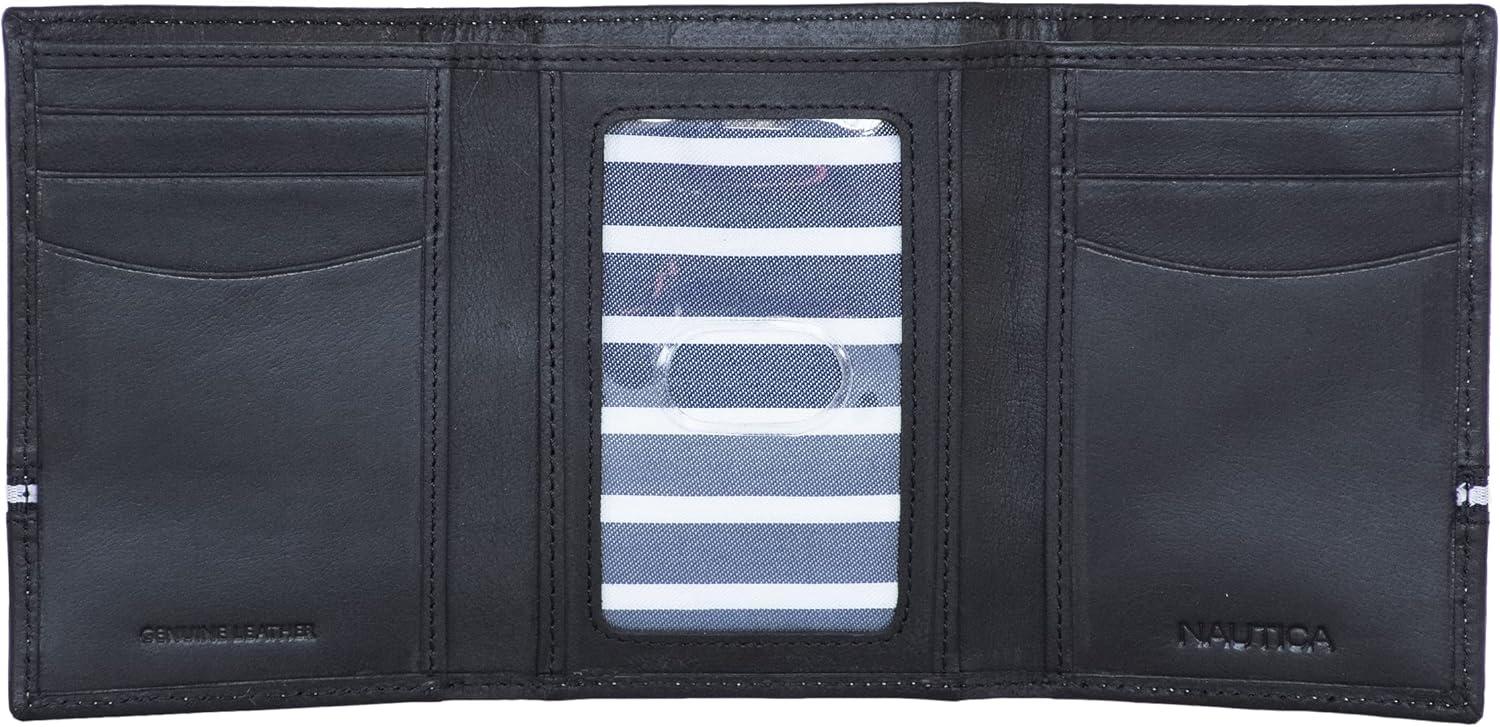 imageNautica Mens Trifold Wallet RFID Blocking Protection ID Window Card Slots Genuine Leather DurableLogo Ribbon Black