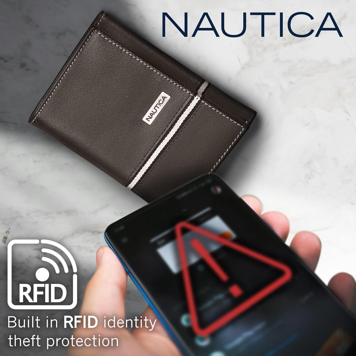 imageNautica Mens Trifold Wallet RFID Blocking Protection ID Window Card Slots Genuine Leather DurableLogo Ribbon Black