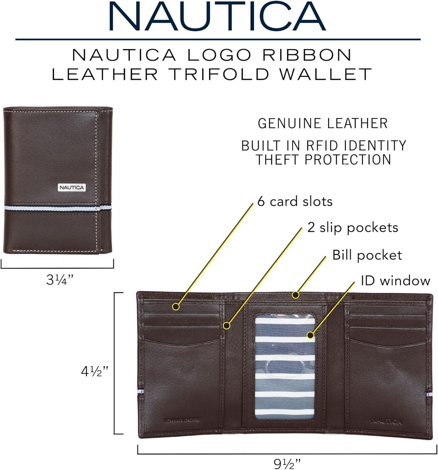 imageNautica Mens Trifold Wallet RFID Blocking Protection ID Window Card Slots Genuine Leather DurableLogo Ribbon Black